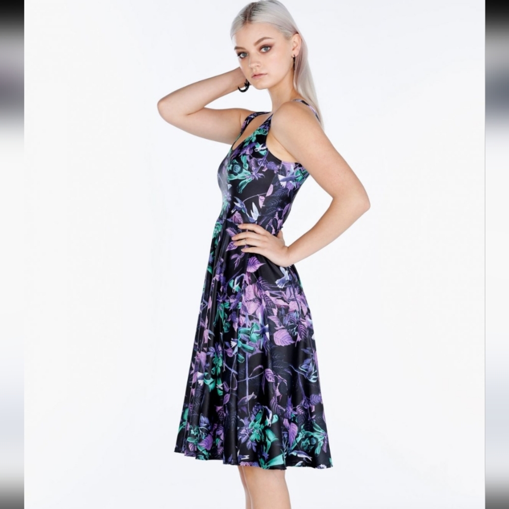 Blackmilk Midnight Hummingbird Pocket Midi Floral Black and Purple Dress